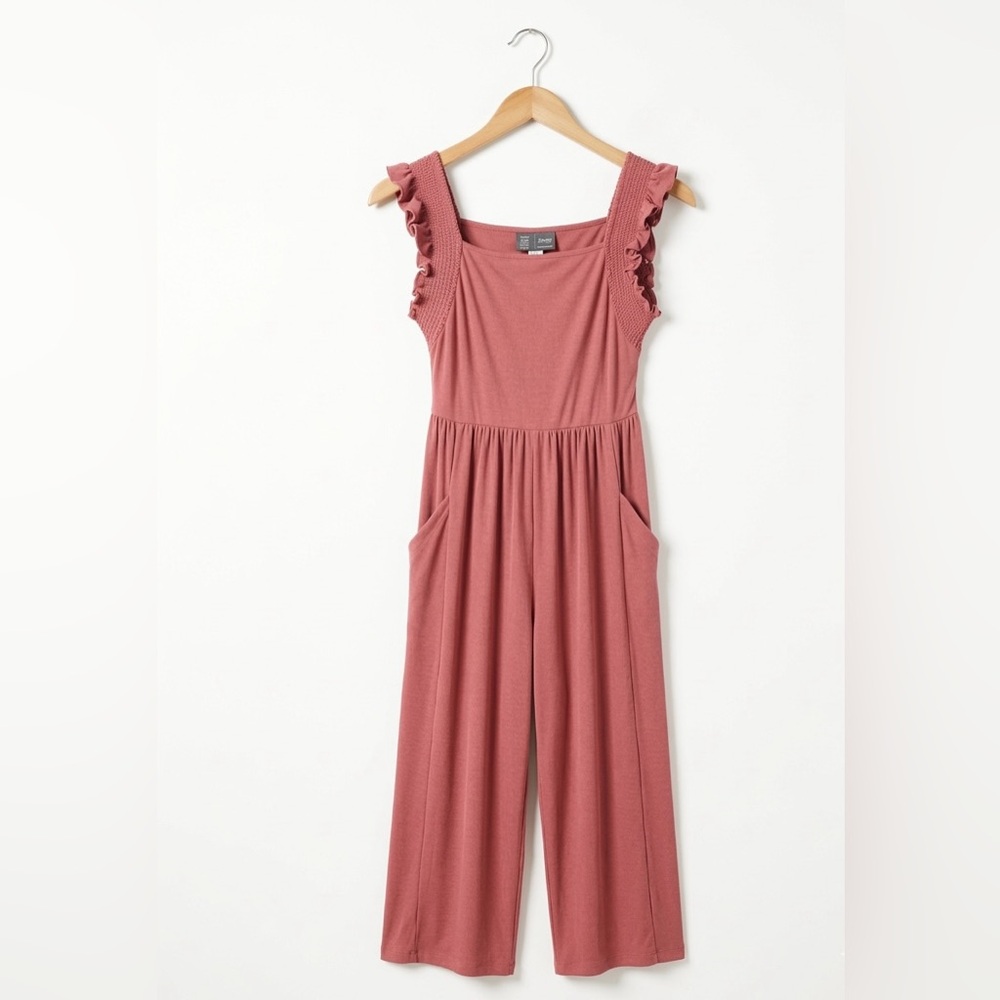 Anthropologie Saturday Sunday Billie Ribbed Jumpsuit Pink Ruffle Wide Leg XS